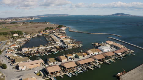 Aerial-vertical-view-of-the-largest-shellfish-harbor-in-France-Mourre-Blanc-Thau